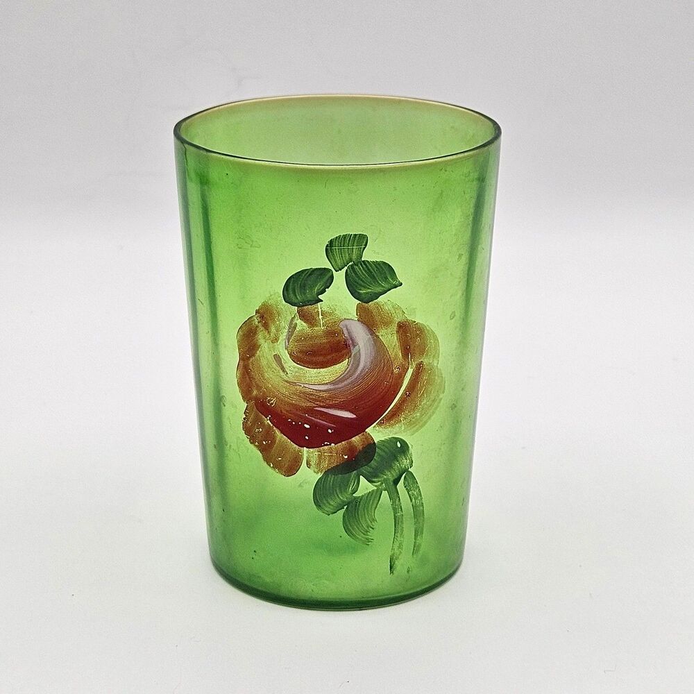 Victorian Antique Green Glass Cup Hand painted Pink Rose Vintage 1900s (as is)